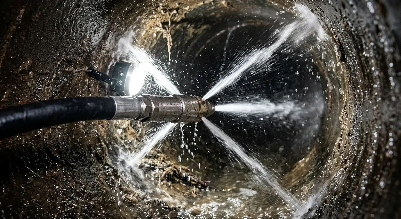 High-pressure hydro jetting nozzle cleaning sewer pipe for Emergency Drain Service in New Hempstead