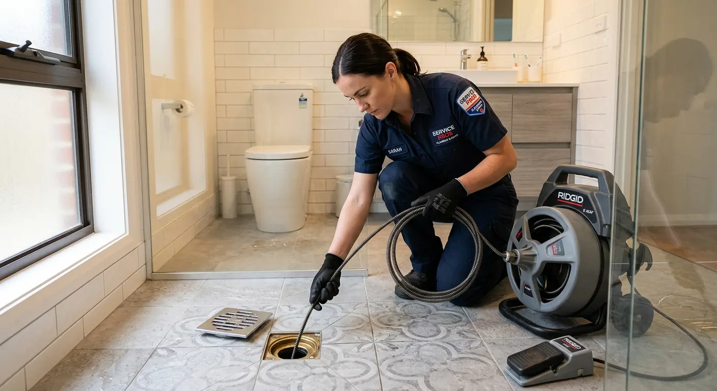 Technician clearing a bathroom floor drain for Sewer Line Installation in New Hempstead